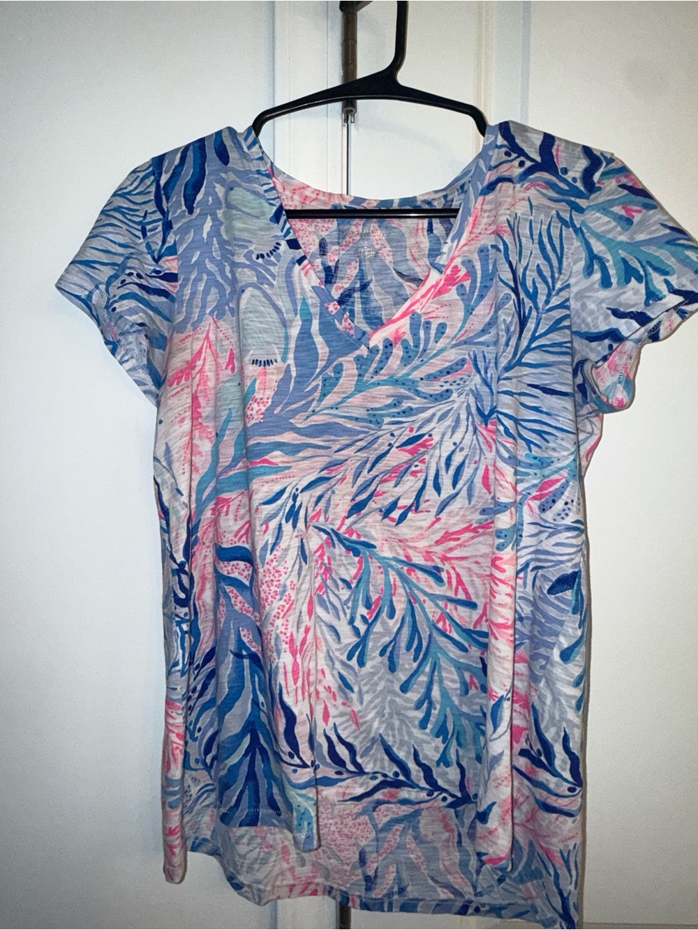 Lilly Pulitzer V-Neck Short Sleeve Top - Blue, Pink & Light Gray
